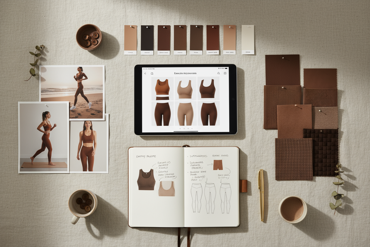 Un visuel qui représente la curation. Un moodboard (tableau d'inspiration) avec des captures d'écran de produits, des échantillons de couleur, un carnet de notes ouvert. Dans les tenues de sport, tonalités marron