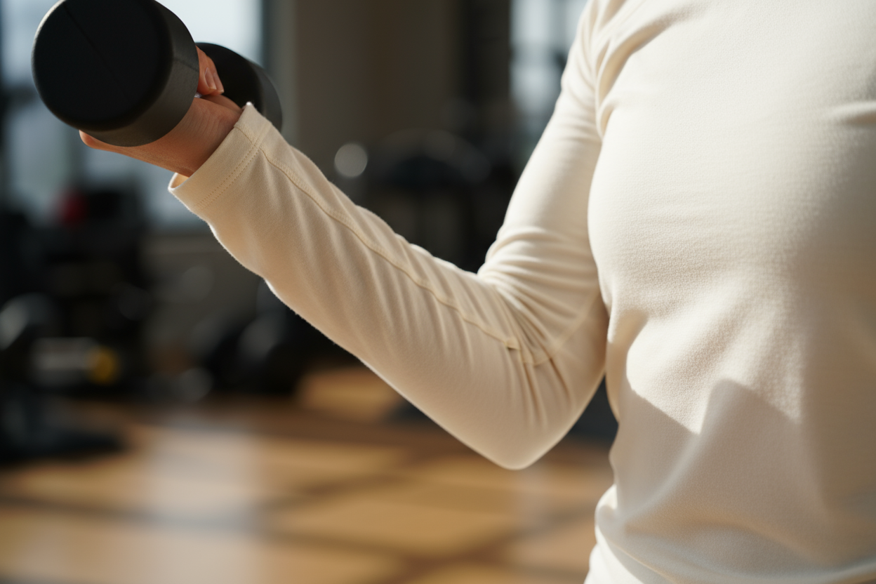 Une photo de détails : une main de femme tenant un haltère avec une manche de t-shirt longue visible. L'idée est de montrer le produit et la qualité, sans logo