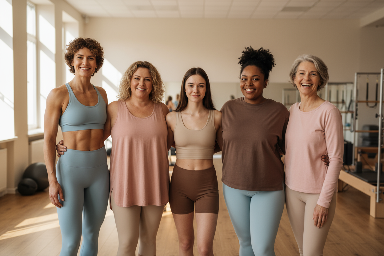 Une photo de groupe de femmes 5 "réelles" (pas seulement des mannequins pros), de différentes morphologies, pas le même visage, à la salle de sport ou dans une salle de pilate, dans une tenue qui leur va bien. dans des tonalités bleu pastel, marron, rose pastel, beige