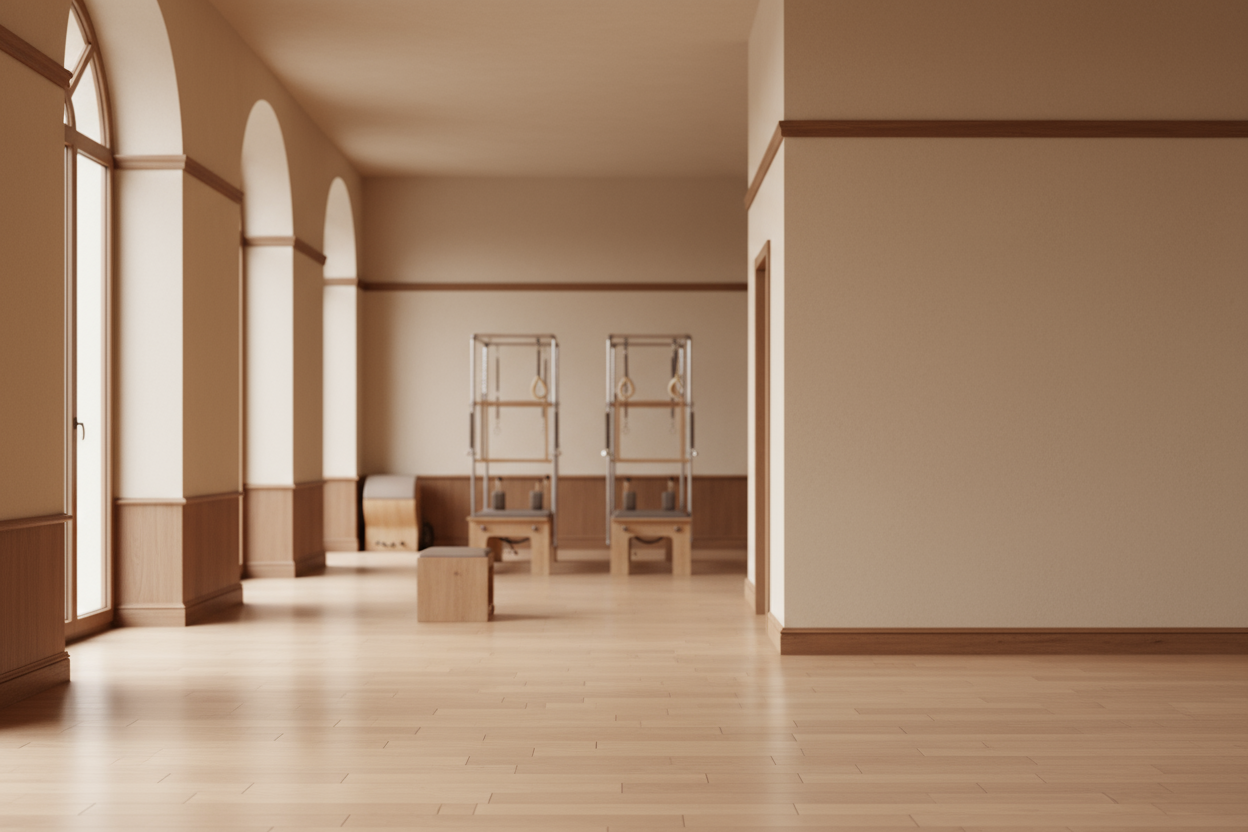 une salle de pilate vide, pas torp chargée pour que le texte que je mettrai par dessus se vois. Dans des tonalités beiges, marron